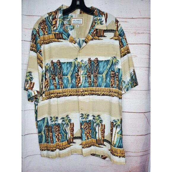 Rare Vintage Kalaheo XL Hawaiian Shirt – Tan Tiki Statue Graphic Short Sleeve - Picture 12 of 12
